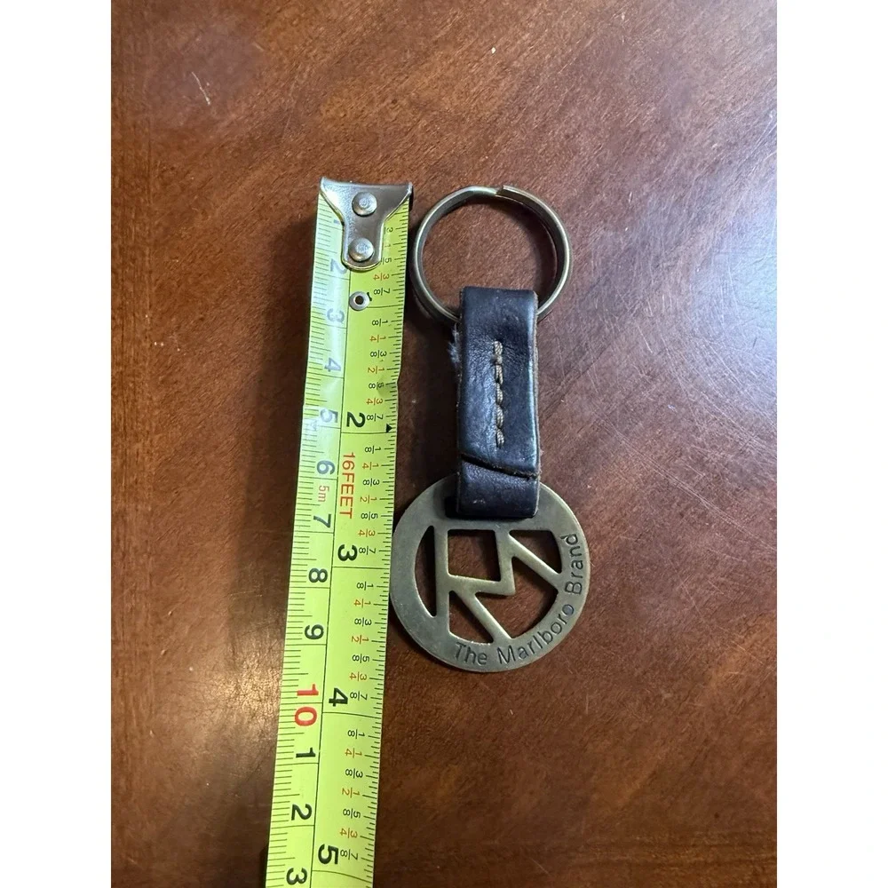 Vtg Marlboro Brand Solid Brass Leather Keychain Western Cowboy Tobacco Promo USA